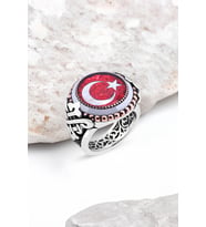 Mineli Türk Bayrağı Kenarı Çember Taşlı Gümüş Erkek Yüzük