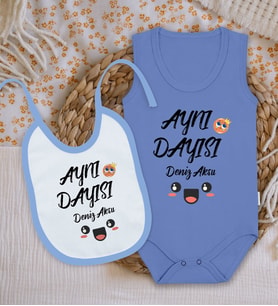 BK Kids Kişiye Özel İsimli Mavi %100 Pamuklu Askılı Sıfır Kol Bebek Body Zıbın ve Mama Önlüğü Hediye Seti-11