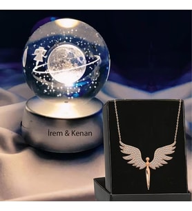 Kişiye Özel Satürn Işıklı Cam Küre 8cm*6cm Lotus Melek Kolye Hediyeli