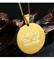 Kişiye Özel İsimli Kararmaz Çelik Kolye Yuvarlak Daire Kolye Melek Kanat (Gold)