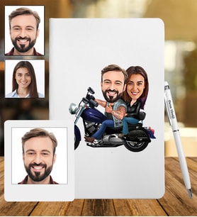 Kişiye Özel Motorcu Çift Tasarımlı Karikatür Deri Defter & Metal Tükenmez Kalem + Ahşap Çerçeve hediye 62