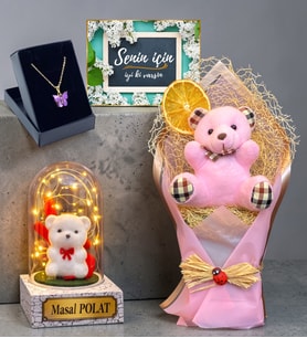 Size Özel Premium Hediye Seti Led Işıklı Fanuslu Buketli Kolyeli (Model 4)