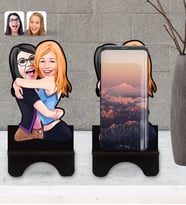 BK Gift Kişiye Özel Kız Kardeşler Karikatürlü Ahşap Biblo Telefon Standı-10