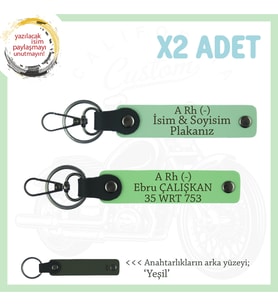Motosiklet Aşıklarına Özel, İsim Plaka ve A Rh (-) Kan Grubu Yazılı x2 Anahtarlık, Yeşil-F Yeşil-Ysl (Çok Renkli)