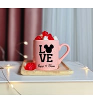 Mickey  Mouse ( Love )  Tasarımlı Kişiye Özel Pembe Türk Kahvesi Fincanı