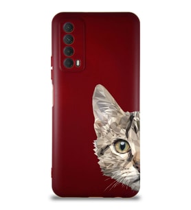 Huawei Y7A Soft Premier Kapak Catface Tasarımlı Silikon Kılıf - Mürdüm (Şeffaf)