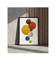 Ahşap Çerçeveli Tablo -Modern Soyut Geometrik Daireler-Turuncu,Mavi,Sarı,Kahverengi-Çerçeveli Poster (Karışık)