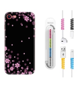 Apple iPhone 5 6 7 8 Plus Se XR Kılıf Kablo Koruma Spiral Silikon Black flowers 1391
