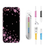 Apple iPhone 5 6 7 8 Plus Se XR Kılıf Kablo Koruma Spiral Silikon Black flowers 1391