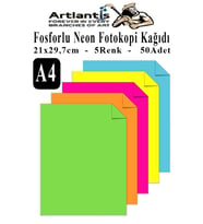 Neon Fosforlu Renkli A4 Fotokopi Kağıdı 50 li 1 Paket 50 Adet Fosforlu 5 Renk Parlak Canlı Renkler Fotokopi Kağıdı