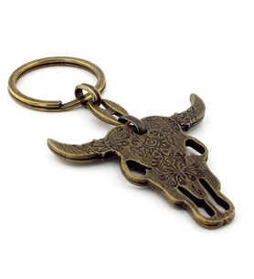 Desenli Boğa Buffalo Kafatası Boynuz Antik Sarı Eskitme Metal Anahtarlık KC239