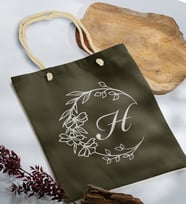 BK Gift Kişiye Özel Harfli Haki Halat Saplı Kumaş Bez Çanta-4, Baskılı Omuz Çantası, Alışveriş Çantası