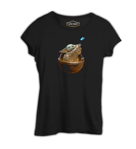 Baby Yoda - Kelebek Siyah Kadın Tshirt