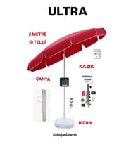 Dogant 2 Mt  Kırmızı   Deniz Balkon Havuz Plaj  Şemsiyesi + Bidon +Kazık +Çanta