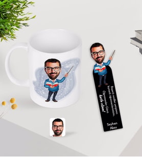BK Gift Kişiye Özel Erkek Öğretmen Karikatürlü Kupa Bardak ve Ahşap Kitap Ayracı-2