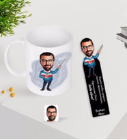 BK Gift Kişiye Özel Erkek Öğretmen Karikatürlü Kupa Bardak ve Ahşap Kitap Ayracı-2