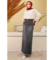 2252-Eteği Püsküllü Denim Etek Koyu Gri