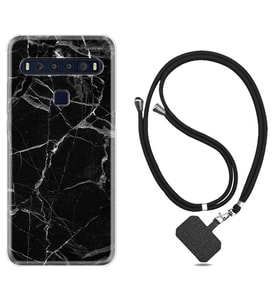 TCL 10L 10 Plus 10SE 20E 20SE 30 L7 Kılıf Boyun Askılı Silikon Fragile Black Mermer 1378
