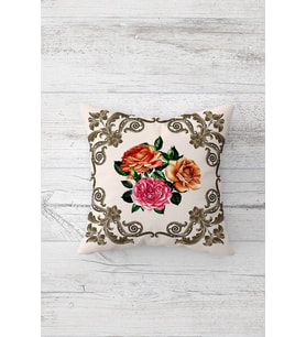 Bej Vintage Gül Desen Çift Tarafı Baskılı Gizli Fermuarlı Yastık Kılıfı Kırlent Koltuk Yastık Kılıfı (Yeşil)