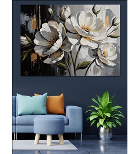 Beyaz Çiçekli Modern Sanat Tablosu Dekoratif Kanvas - Mdf Ahşap Tablo