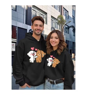 Sevgili Çift Kombini Sevimli Ayıcık Baskılı Kapüşonlu Sweatshirt 2li Set Takım 3 İplik Pamuk (Siyah)