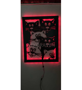 Kediler Led Işıklı Tablo (Kırmızı)