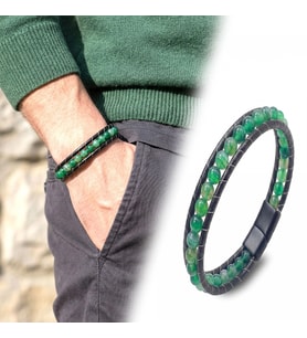 Moncuk Design 6Mm Yeşil Akik Taşlı Deri Kordon Ve Çelik Bileklik 33512B2D6M6