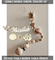 Sahi Aksesuar İsimli Bebek Emzik Zinciri ve Beyaz Taşlı Bebek Yaka İğnesi BEZYI017