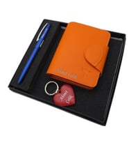Signator D266 İsme Özel Set - Turuncu Deri Cüzdan Kartlık + Kalpli Anahtarlık  + Kalem Seti  İsme Özel Hediyelik Set (Karışık)