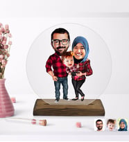 BK Gift Kişiye Özel Tesettürlü Aile Karikatürlü Yuvarlak Ahşap Standlı Biblo-2