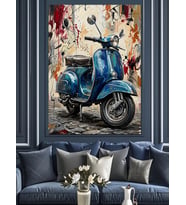 Sanatsal Boya Dokulu Mavi Scooter Dekoratif Kanvas - Mdf Ahşap Tablo