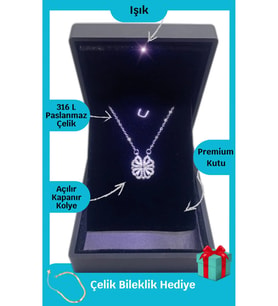 Işıklı Premium Kutuda Dört Kalpli Yonca  Çelik Kolye Mıknatıslı  Gümüş Renk  Hediye Paketi