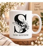 Kişiye Özel Baş Harf ve İsim Yazılı Çiçek Motifli S Harfli Seramik Kupa Bardak