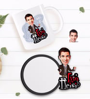BK Gift Kişiye Özel Evin Reisi Karikatürlü Beyaz Kupa ve Ahşap Bardak Altlığı Hediye Seti-2