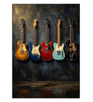 Duvarda Beş Elektro Gitar Dekoratif Kanvas - Mdf Ahşap Tablo
