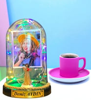 Size Özel Renkli Led Işıklı Fanus ve Pembe Türk Kahvesi Fincanı (Model 5)