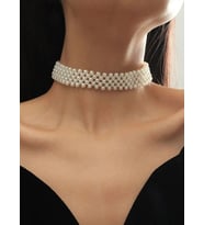 El Emeği Örgü Model İncili Tasma Kolye, Choker İnci Kolye (Krem)