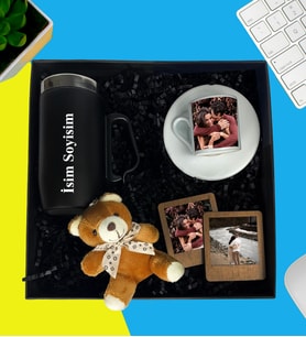 Kişiye Özel Premium Kutu Kulplu Termos Bardak Fotoğraflı Türk Kahve Fincanı Lüx Peluş Ayıcık Anahtarlık Ahşap Mdf Masaüstü Resimli Ahşap Çerçeve iki adet