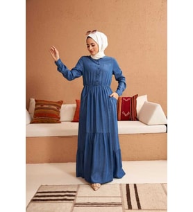 6575-Denim Tensel Elbise Koyu Mavi