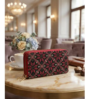 Filistin Geleneksel Renkli Kırmızı Nakışlı Çift Fermuarlı Kadın Büyük Cüzdeni 20x10 cm A100027