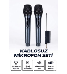 Profesyonel Çiftli Kablosuz Mikrofon Seti Karaoke Şarj Edilebilir 50 Metre
