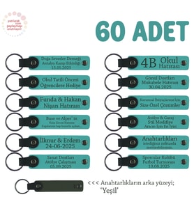 İşletmelere Özel Üretim, Alternatif Promosyonel Yazılı Anahtarlık, 60' lı Set , Koyu Turkuaz & Yeşil