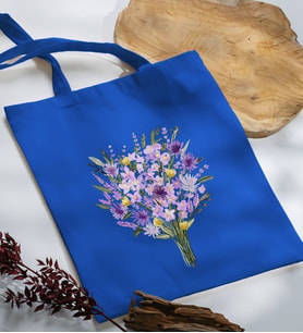 BK Gift Çiçek Tasarımlı Mavi Kumaş Bez Çanta, Baskılı Omuz Çantası, Alışveriş Çantası, Arkadaşa Hediye-9