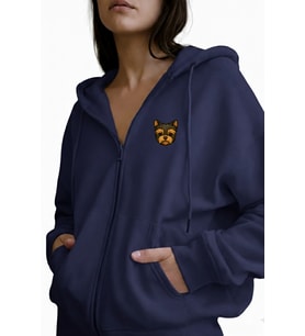 Kadın Yorkshire Terrier Baskılı Oversize Fermuarlı Hoodie (Lacivert)