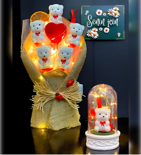 Premium Hediye Seti  Led Işıklı Beyaz Ayıcıklı Fanus ve Led Işıklı Ayıcık Buketi