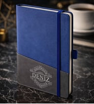 BK Gift Kişiye Özel Mavi Termo Deri Defter -12, Kartvizit Bölmeli, Çizgili Ivory Kağıt