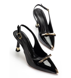 Kadın Siyah Rugan Gold Aksesuarlı Özel Tasarım İnce Topuklu Stiletto (Karışık)