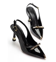 Kadın Siyah Rugan Gold Aksesuarlı Özel Tasarım İnce Topuklu Stiletto (Karışık)