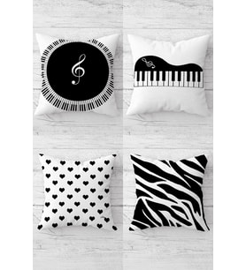 Piyano Zebra Nota Müzik Gizli Fermuarlı Kırlent Kılıfı Koltuk Yastık Kılıfı Takım(4adet) (Siyah)
