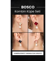Kadın Bosco Model 4 Renk 4'lü Gümüş Kaplama Abiye Elbise Kombin Günlük Zirkon Taşlı İncili Küpe Seti